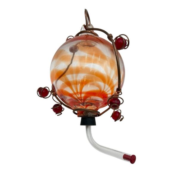 Orange Swirl Blown Glass Copper Hanger Hummingbird Feeder Runner Stopper EUC - Picture 4 of 5